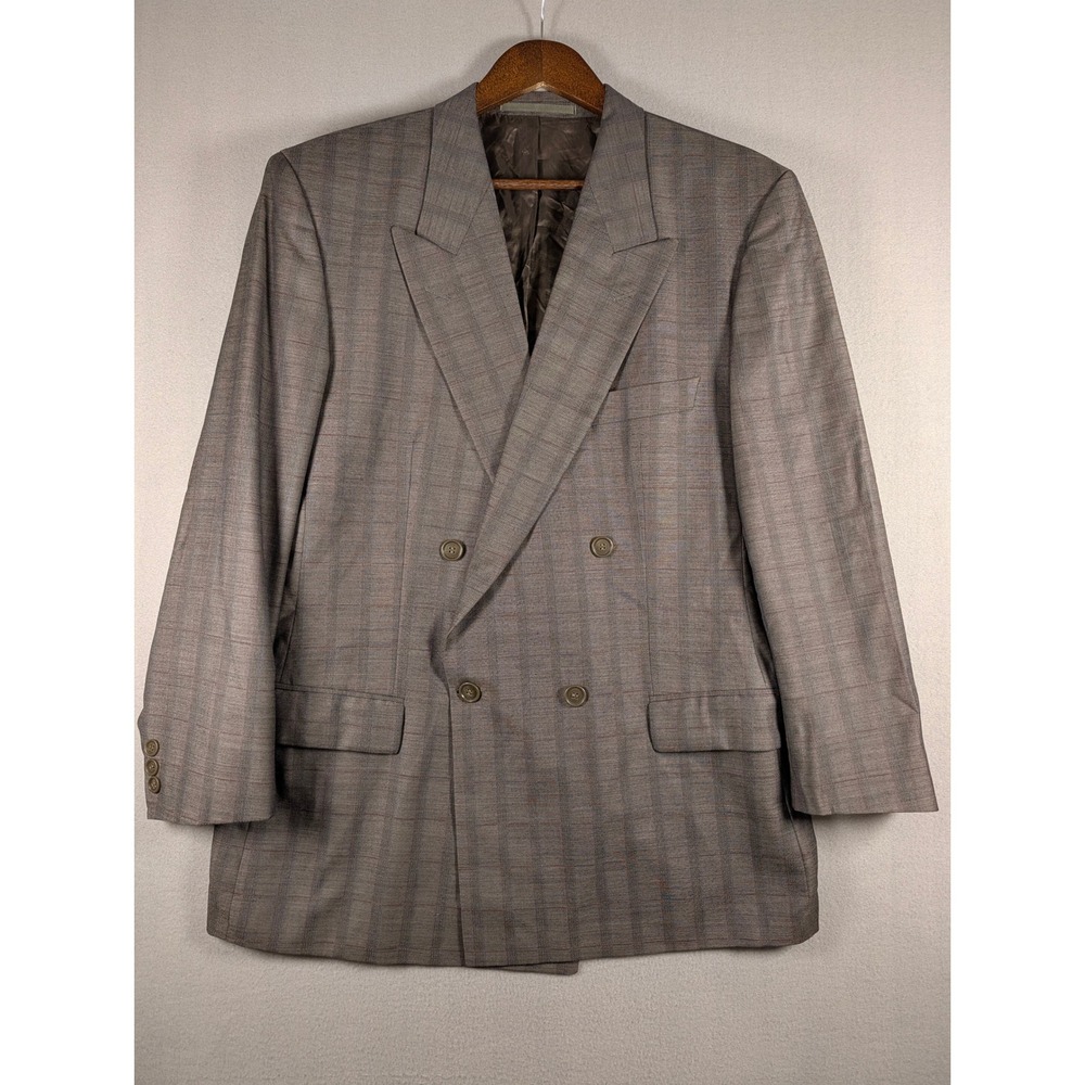 Hugo Boss Mens 42R VTG Grey Plaid Wool Double Breasted Blazer Made in Germany